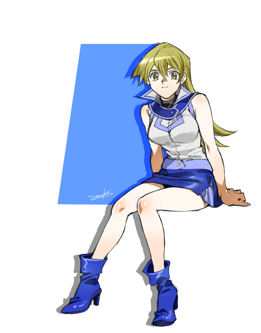 1girl 203wolves ankle_boots artist_name bangs bare_arms bare_shoulders belt blonde_hair blue_footwear blue_skirt boots breasts buttons closed_mouth commentary_request duel_academy_uniform_(yu-gi-oh!_gx) full_body high_heel_boots high_heels highres long_hair looking_at_viewer medium_breasts miniskirt signature simple_background sitting skirt sleeveless smile solo tenjouin_asuka turtleneck white_background yellow_eyes yu-gi-oh! yu-gi-oh!_gx