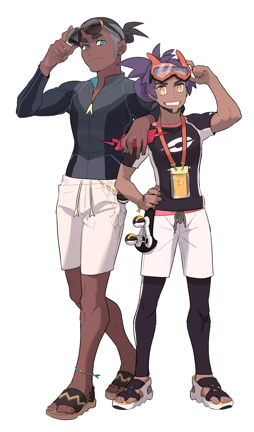 2boys absurdres alternate_costume bright_pupils brown_hair closed_mouth commentary_request dark-skinned_male dark_skin earrings eyewear_on_head facial_hair gen_4_pokemon goggles goggles_on_head grin hand_on_hip hand_up highres holding holding_phone holster jewelry knees korean_commentary leon_(pokemon) looking_at_viewer male_focus multiple_boys phone pokemon pokemon_(game) pokemon_swsh purple_hair raihan_(pokemon) redlhzz rotom rotom_phone sandals short_hair shorts simple_background smile standing sunglasses teeth toes undercut white_background white_pupils white_shorts yellow_eyes