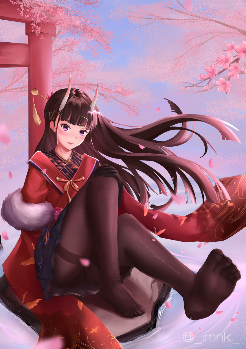 1girl absurdres architecture artist_name azur_lane bangs black_gloves black_hair black_legwear blush cherry_blossoms east_asian_architecture eyebrows_visible_through_hair fur gloves hand_on_own_knee highres horns iamnk japanese_clothes long_hair looking_at_viewer no_shoes noshiro_(azur_lane) noshiro_(uncharted_festival_grounds?)_(azur_lane) pantyhose petals sitting soles solo thighs violet_eyes water