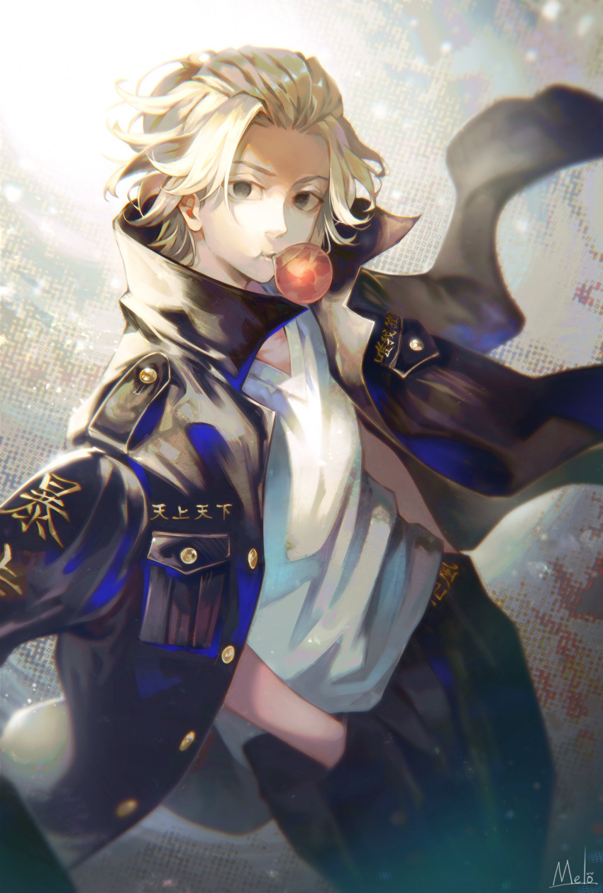 1boy absurdres artist_name black_coat black_eyes black_pants blonde_hair bubble_blowing chewing_gum coat coat_on_shoulders cowboy_shot empty_eyes forehead hands_in_pockets high_collar highres kyuuba_melo looking_at_viewer male_focus medium_hair pants sano_manjirou shirt short_sleeves solo standing tokyo_revengers v-neck white_shirt