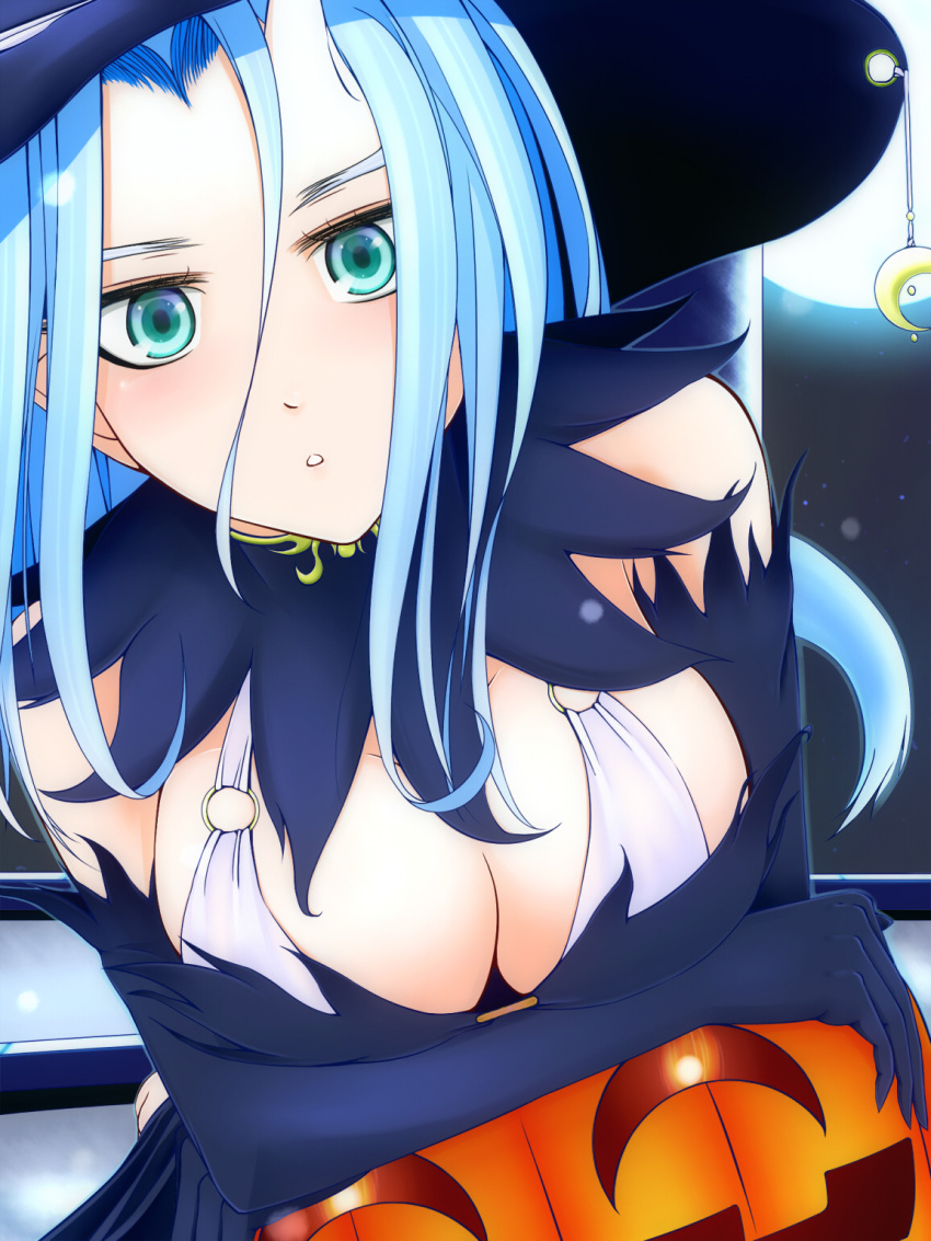 1girl blue_eyes breasts dark_souls_i dragon_girl freedays0197 green_eyes halloween hat highres horns jack-o'-lantern large_breasts long_hair looking_at_viewer monster_girl priscilla_the_crossbreed slit_pupils solo souls_(series) tail white_hair witch_hat