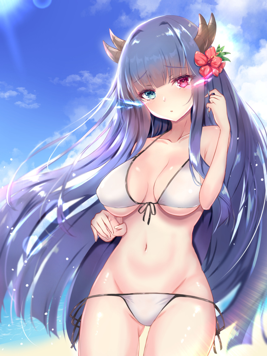 1girl ass_visible_through_thighs azur_lane bikini blue_eyes blue_hair blush breasts clouds collarbone commentary commentary_request day eyebrows_visible_through_hair flower habu_rin hair_flower hair_ornament heterochromia hibiscus highres horns ibuki_(azur_lane) long_hair looking_at_viewer medium_breasts navel red_eyes red_flower solo swimsuit white_bikini