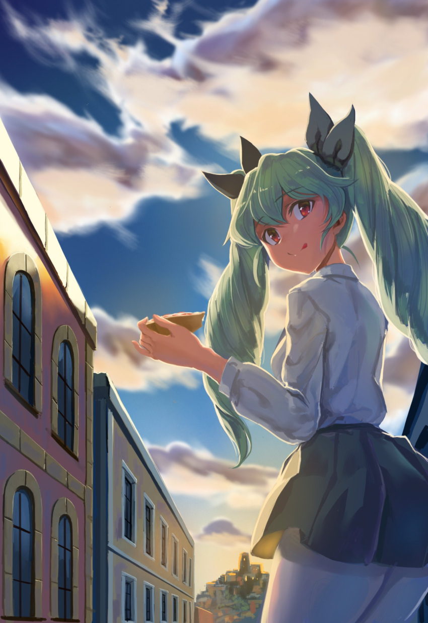 1girl :q anchovy_(girls_und_panzer) anzio_school_uniform building clouds cloudy_sky commentary dress_shirt drill_hair food from_behind girls_und_panzer hair_ribbon highres kuro_(zhurunbo1997) long_hair long_sleeves looking_at_viewer looking_back outdoors pizza pleated_skirt ribbon school_uniform shirt skirt sky solo standing tongue tongue_out twilight twin_drills twintails