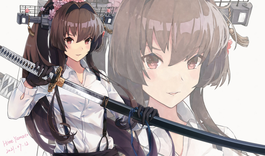1girl brown_eyes brown_hair cherry_blossoms flower gloves hair_between_eyes hair_flower hair_ornament highres himeyamato kantai_collection long_hair looking_at_viewer open_mouth ponytail shirt smile sword very_long_hair weapon yamato_(kancolle)
