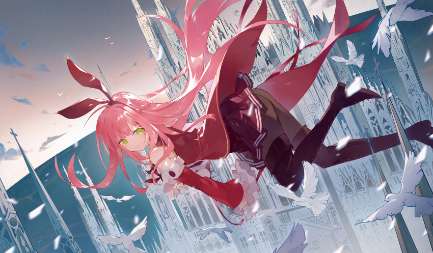 1girl absurdres amari animal arcaea bird boots castle character_request detached_sleeves dove from_side green_eyes highres horizon huge_filesize long_hair looking_at_viewer midair pantyhose pink_hair red_skirt red_sleeves scenery shoe_soles skirt smile solo thigh-highs thigh_boots