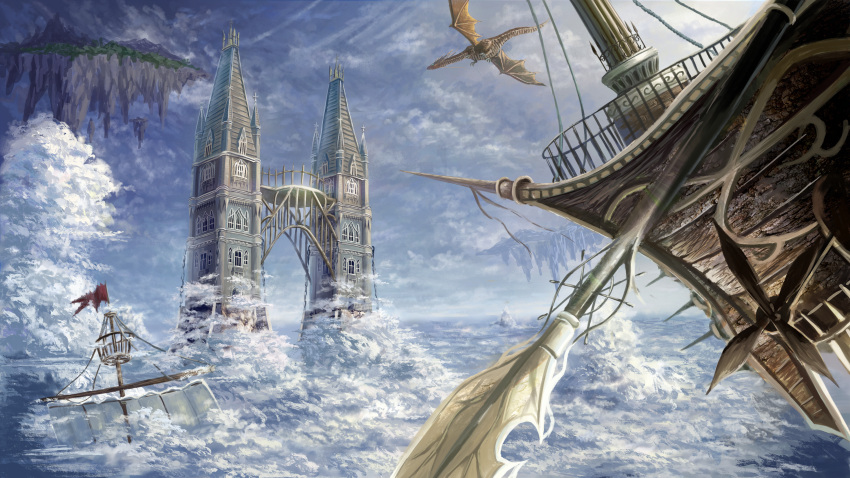 absurdres aircraft airship building clouds crow's_nest day dragon fantasy flag floating_island highres huge_filesize mast no_humans oar original outdoors regu_(7lava) sail scenery ship tower watercraft