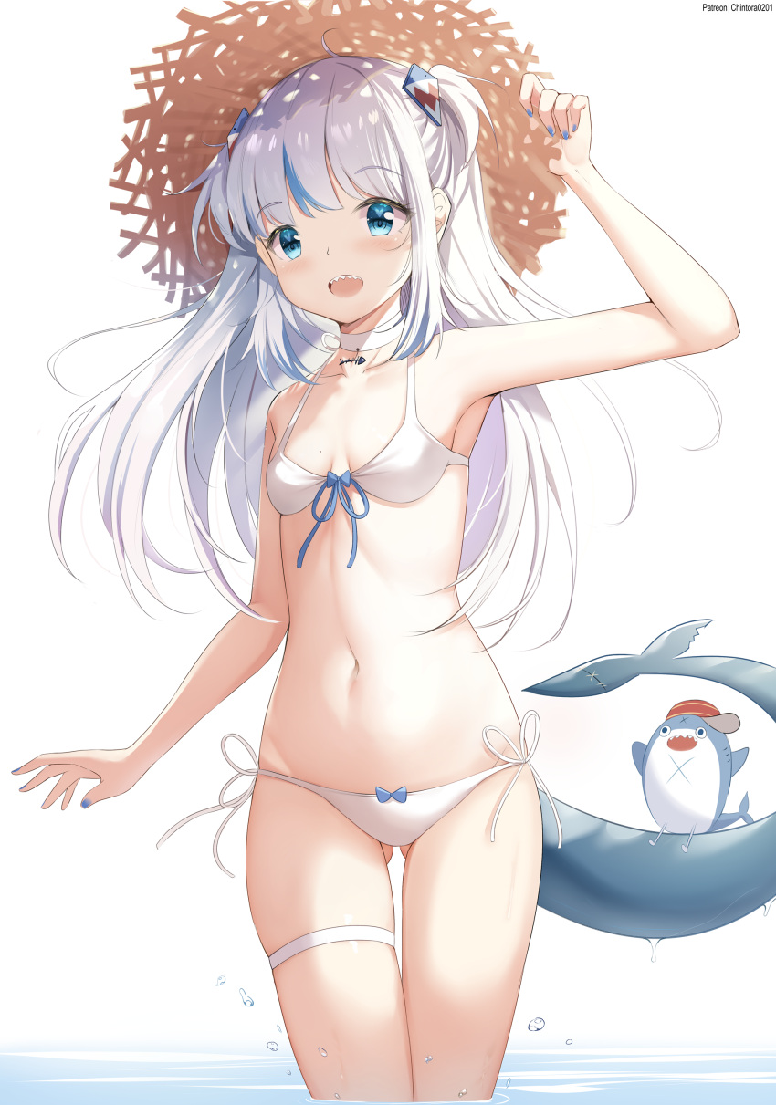 1girl absurdres ass_visible_through_thighs bikini bloop_(gawr_gura) blue_eyes blue_hair blush breasts chintora0201 fish_tail gawr_gura hat highres hololive hololive_english long_hair looking_at_viewer multicolored_hair navel open_mouth shark_tail sharp_teeth side-tie_bikini simple_background small_breasts straw_hat swimsuit tail teeth thighs two-tone_hair virtual_youtuber white_background white_bikini white_hair