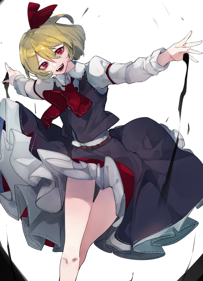 1girl arms_up bangs belt black_skirt black_vest blonde_hair brown_belt collar darkness eyebrows_visible_through_hair eyes_visible_through_hair hair_between_eyes hair_ribbon hands_up highres ikurauni long_sleeves looking_at_viewer open_mouth red_eyes red_neckwear red_ribbon ribbon rumia shirt short_hair simple_background skirt smile solo standing touhou vest white_background white_collar white_shirt white_sleeves