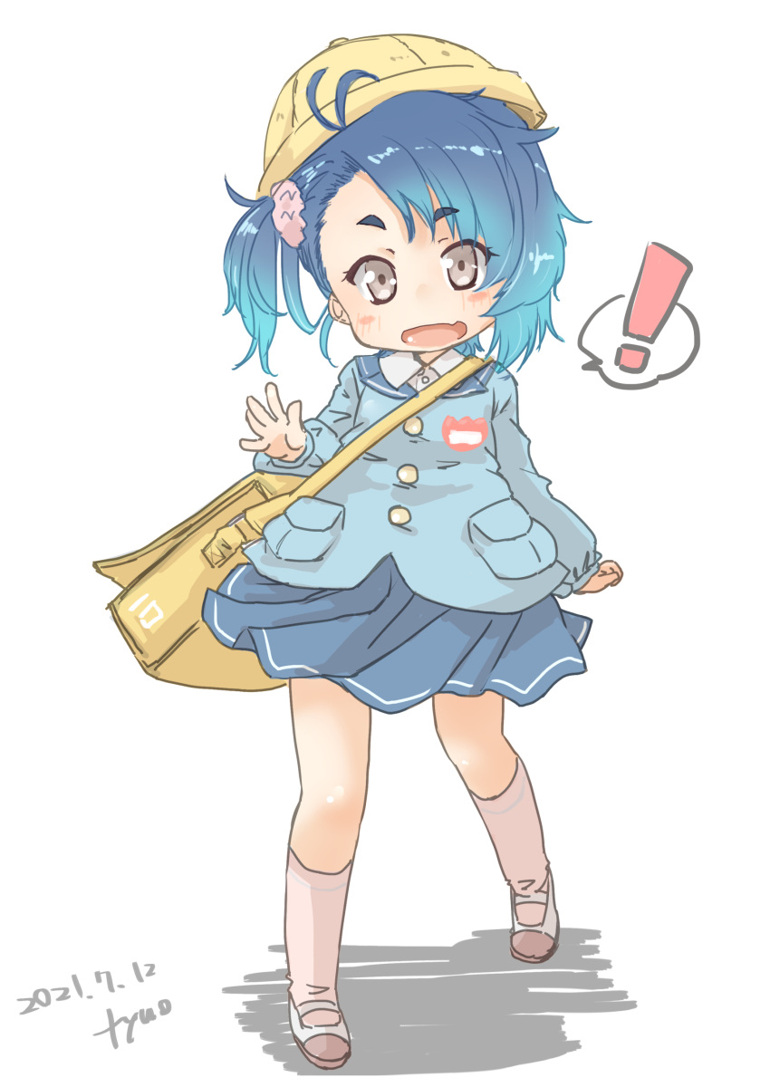 ! 1girl absurdres artist_name bag blue_hair blue_shirt blue_skirt brown_eyes commentary_request dated fang fukae_(kancolle) full_body fyuo gradient_hair hat highres kantai_collection kindergarten_bag kindergarten_uniform long_sleeves looking_at_viewer multicolored_hair name_tag one-hour_drawing_challenge pleated_skirt school_hat school_uniform shirt short_hair side_ponytail sidelocks simple_background skin_fang skirt smock solo spoken_exclamation_mark white_background yellow_headwear