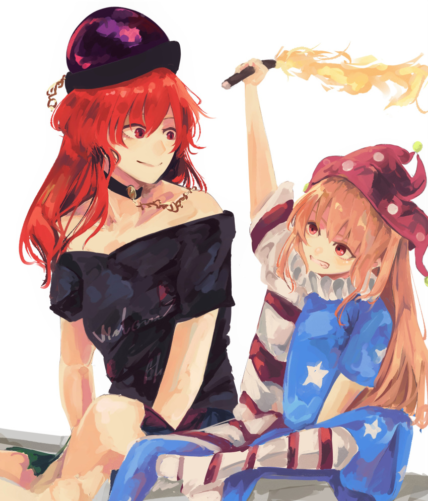 2girls absurdres american_flag_legwear american_flag_shirt arm_up bangs bare_shoulders black_choker black_headwear black_neckwear black_shirt black_sleeves blue_sleeves chain choker closed_mouth clothes_writing clownpiece fire gold_chain green_skirt hair_between_eyes hand_up hat hecatia_lapislazuli highres jester_cap long_hair looking_at_another medium_hair multicolored multicolored_clothes multicolored_pants multicolored_shirt multicolored_skirt multiple_girls no_shoes off_shoulder orange_eyes pants pink_headwear polos_crown purple_headwear red_eyes red_skirt red_sleeves redhead shirt short_sleeves simple_background sitting skirt smile star_(symbol) star_print striped striped_pants striped_shirt t-shirt teeth torch totopepe888 touhou white_background white_sleeves