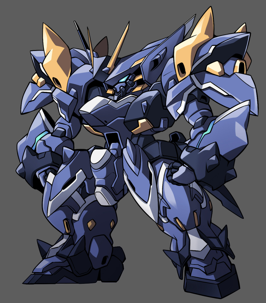 blue_eyes clenched_hands grey_background haganef highres looking_ahead mecha no_humans original science_fiction solo standing v-fin