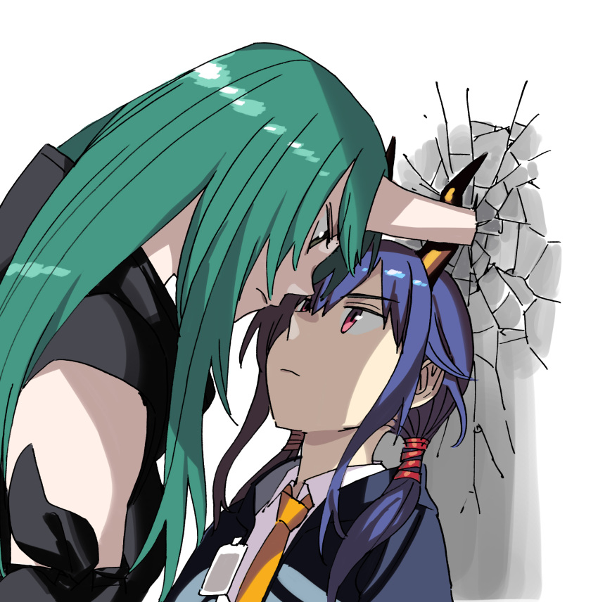 2girls arknights armband black_eyes black_jacket black_shirt blue_hair ch'en_(arknights) chinese_commentary closed_mouth collared_shirt commentary cracked_wall dragon_horns dress_shirt expressionless eyebrows_visible_through_hair face-to-face from_side green_hair hair_between_eyes height_difference highres horns hoshiguma_(arknights) jacket long_hair looking_at_another medium_hair multiple_girls necktie oni_horns open_clothes open_jacket profile red_eyes shirt sidelocks simple_background single_horn sleeveless sleeveless_shirt straight_hair twintails upper_body wall_slam white_background white_shirt wing_collar yellow_neckwear yuri yuyanshu13
