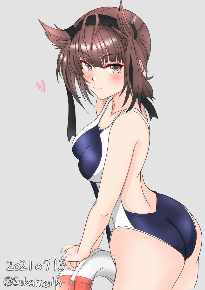 1girl absurdres alternate_costume ass back blue_swimsuit breasts brown_hair collarbone dated eyebrows_visible_through_hair gradient gradient_background grey_background hachimaki hair_between_eyes hair_flaps hairband hatsuzuki_(kancolle) headband heart highres kantai_collection lifebuoy lips looking_at_viewer looking_to_the_side nitamago_(sakamalh) official_alternate_costume one-piece_swimsuit short_hair small_breasts solo swimsuit twitter_username two-tone_swimsuit white_swimsuit yellow_eyes