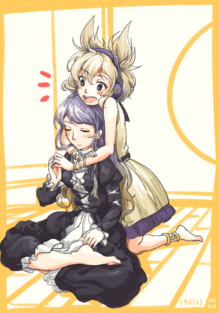 2girls :d anklet artist_name bangs bare_shoulders barefoot black_dress black_eyes blush bracelet breasts closed_eyes closed_mouth commentary_request dated dress earmuffs eyebrows_visible_through_hair gradient_hair highres hijiri_byakuren hug hug_from_behind indian_style indoors jewelry juliet_sleeves kirigawa_mika kneeling light_brown_hair long_hair long_sleeves medium_breasts multicolored_hair multiple_girls notice_lines open_mouth pointy_hair puffy_sleeves purple_hair short_hair sitting sleeveless sleeveless_dress smile touhou toyosatomimi_no_miko very_long_hair