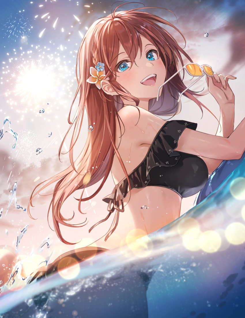 1girl :d bangs bare_shoulders bikini black_bikini blue_eyes blush brown_hair character_request clouds copyright_request eyewear_removed fireworks flower hair_flower hair_ornament highres holding holding_eyewear long_hair looking_at_viewer open_mouth sky smile solo sunglasses swimsuit water zattape