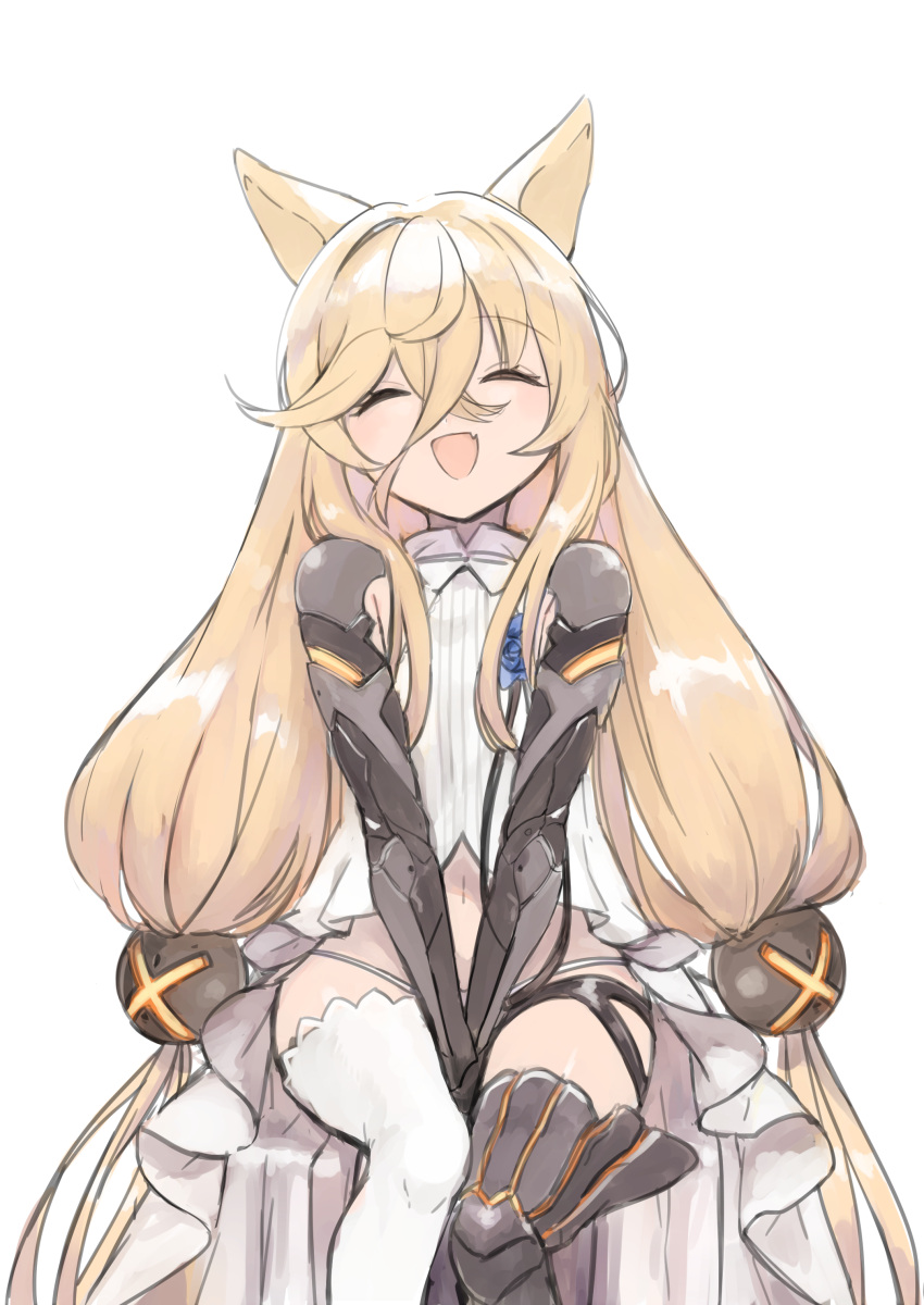1girl 4410_(kanimiso) :d absurdres animal_ears bangs between_legs blonde_hair closed_eyes commentary_request dress fang g41_(girls_frontline) girls_frontline hair_between_eyes hair_ornament hand_between_legs highres long_hair mechanical_arms mechanical_legs navel open_mouth panties single_mechanical_leg single_thighhigh sitting skin_fang smile solo thigh-highs twintails underwear very_long_hair white_background white_dress white_panties