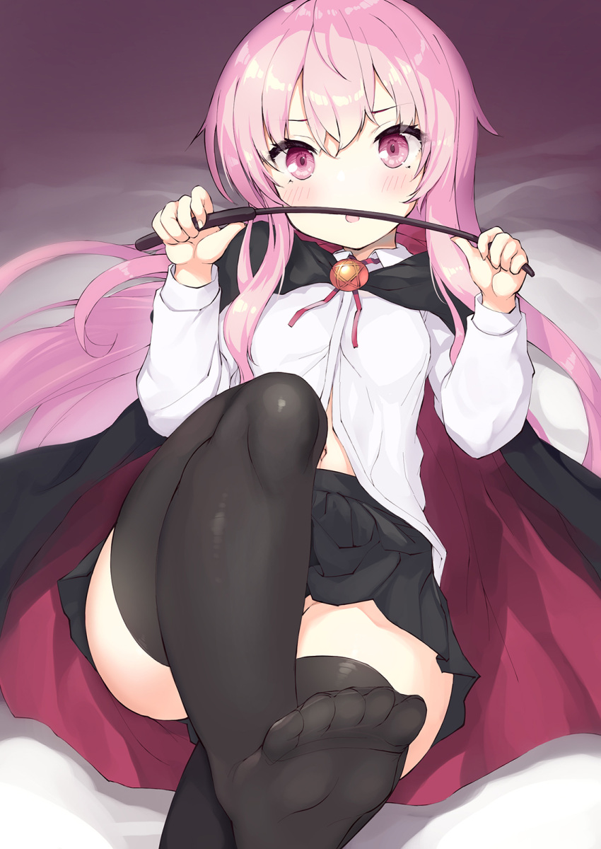 1girl bed_sheet black_cape black_legwear black_skirt blush cape collared_shirt commentary_request dress_shirt groin highres holding hood hood_down hooded_cape leg_up long_sleeves looking_at_viewer louise_francoise_le_blanc_de_la_valliere lying no_shoes ochinsama on_back parted_lips pleated_skirt riding_crop shirt skirt soles solo thigh-highs white_shirt zero_no_tsukaima