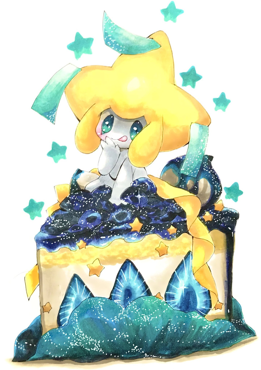 aqua_eyes blueberry blush cake cake_slice closed_mouth commentary_request cream food fruit full_body gen_3_pokemon hand_to_own_mouth hand_up happy highres in_food jirachi legendary_pokemon licking_lips looking_at_viewer marker_(medium) mofuo mythical_pokemon oversized_food pokemon pokemon_(creature) simple_background sitting smile solo star_(symbol) strawberry tongue tongue_out traditional_media white_background