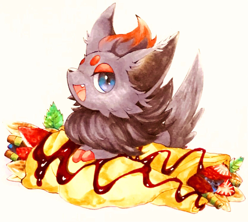 animal_focus blue_eyes blueberry chocolate crepe dessert fang fluffy food food_focus fruit full_body gen_5_pokemon half-closed_eyes happy highres in_food leaf looking_at_viewer marker_(medium) mint mofuo no_humans open_mouth pokemon pokemon_(creature) simple_background sitting smile solo strawberry traditional_media wafer_stick white_background zorua