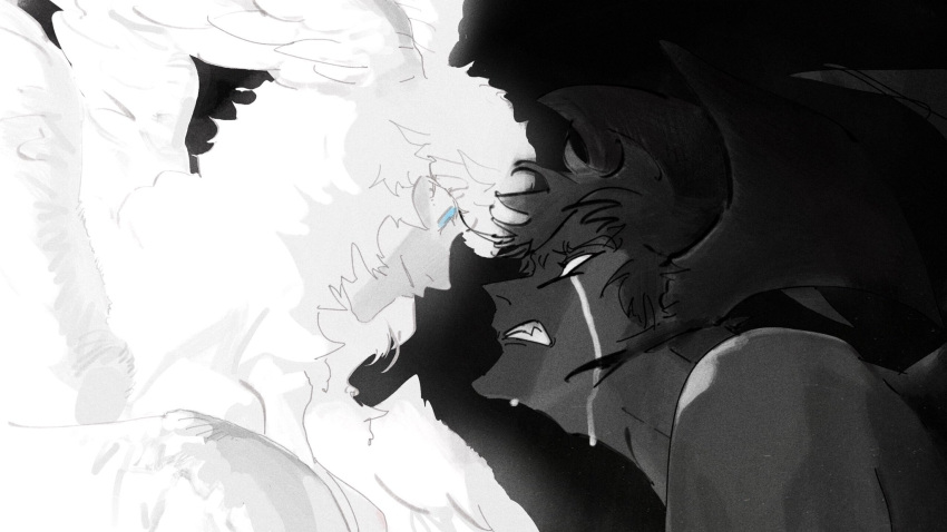 2boys angel_and_devil angel_wings angry asuka_ryou bare_shoulders black_hair black_skin black_vs_white blue_eyes clenched_teeth closed_mouth colored_skin contrast crying crying_with_eyes_open demon devilman devilman_(character) devilman_crybaby evil_smile eye_contact face-to-face facing_another feathered_wings fudou_akira head_wings highres jenn59959 light_smile long_hair looking_at_another multiple_boys polar_opposites satan_(devilman) short_hair sketch smile spoilers streaming_tears tears teeth upper_body wavy_hair white_eyes white_hair white_skin white_wings wings