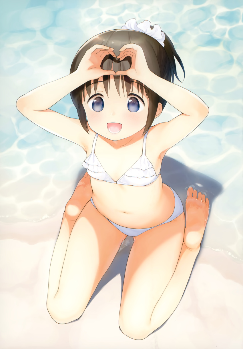 1girl :d absurdres armpits bare_arms bare_legs bare_shoulders barefoot beach bikini blush brown_hair child flat_chest from_above greyscale hair_ornament hair_scrunchie hands_up heart heart_hands highres looking_at_viewer monochrome navel open_mouth original ponytail sand scan scrunchie sekiya_asami smile soles solo stomach swimsuit violet_eyes white_bikini
