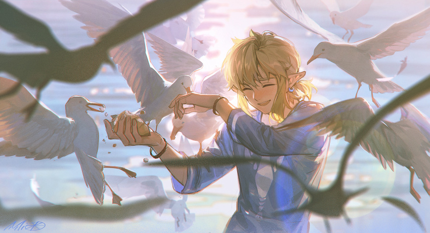 1boy ^_^ alzi_xiaomi animal bird blonde_hair blue_shirt bracelet bread closed_eyes day earrings falling_feathers food highres holding holding_food jewelry link long_sleeves male_focus open_mouth outdoors pointy_ears ponytail seagull shirt short_hair short_ponytail sidelocks signature smile solo the_legend_of_zelda the_legend_of_zelda:_breath_of_the_wild upper_body