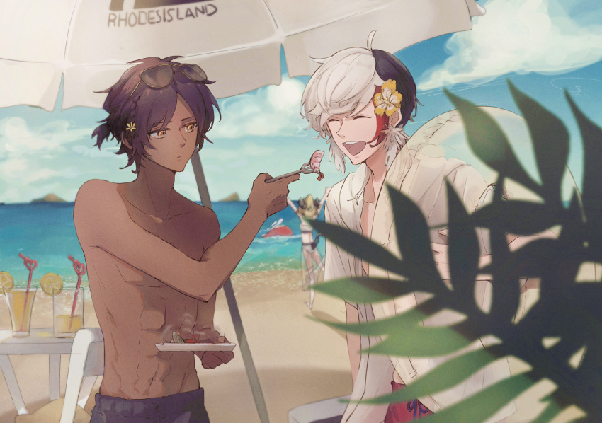2boys 2girls abs arknights arms_up beach bikini black_hair black_horns blonde_hair blue_sky blurry blurry_background blurry_foreground braid closed_eyes closed_mouth clouds collarbone commentary_request crazy_straw cup dark-skinned_male dark_skin day drinking_glass drinking_straw elysium_(arknights) english_text eyewear_on_head feather_hair feeding food fruit hat heart_straw highres holding holding_innertube holding_plate horns ifrit_(arknights) ifrit_(sunburn)_(arknights) innertube leaf lemon lemon_slice looking_at_another male_focus male_swimwear mountainous_horizon multicolored_hair multiple_boys multiple_girls ocean official_alternate_costume open_clothes open_mouth open_shirt orange_eyes outdoors plate red_innertube redhead sand see-through_skirt shirt shirtless short_hair short_ponytail shrimp side_braid skadi_(arknights) skadi_(waverider)_(arknights) skirt sky streaked_hair sun_hat sunglasses swim_trunks swimsuit table thorns_(arknights) umbrella upper_teeth white_bikini white_hair white_shirt yuzuriha_(ryami)