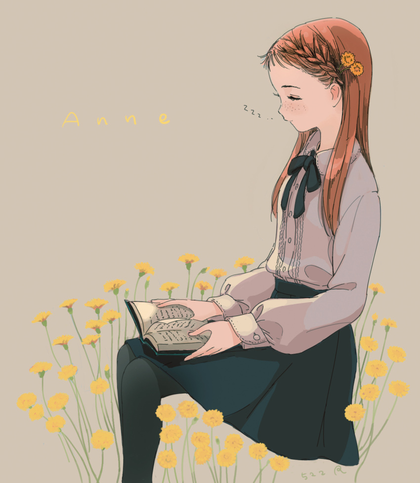 1girl anne_of_green_gables anne_shirley black_legwear blue_neckwear blue_skirt book braid character_name closed_eyes flower freckles hair_flower hair_ornament highres holding holding_book invisible_chair kokudou_juunigou long_hair long_sleeves orange_hair pantyhose shirt shirt_tucked_in simple_background sitting skirt sleeping sleeping_upright solo yellow_flower zzz