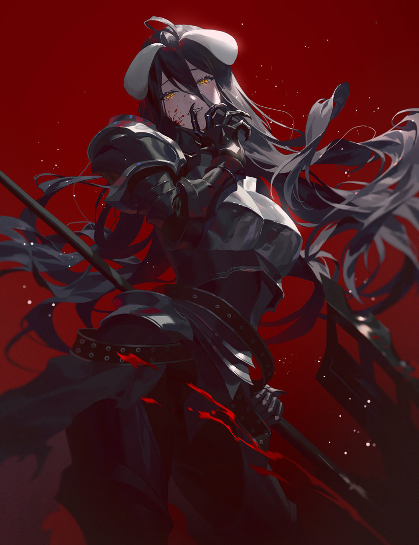 1girl albedo_(overlord) armor black_hair blood blood_on_face blood_splatter demon_girl demon_horns fajyobore finger_to_mouth hair_between_eyes hand_on_own_face highres holding holding_polearm holding_weapon horns long_hair overlord_(maruyama) polearm red_background solo weapon yellow_eyes