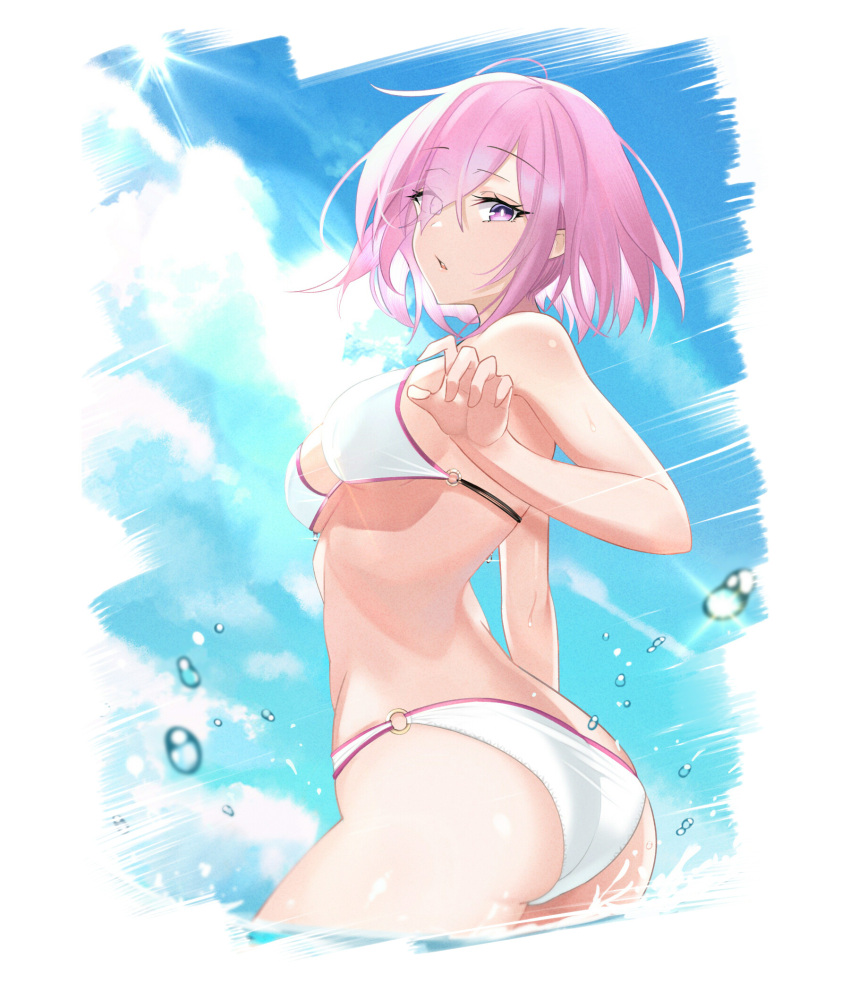 1girl ass bikini blue_sky breasts clouds day eyebrows_visible_through_hair fate/grand_order fate_(series) hair_over_one_eye highres looking_at_viewer looking_to_the_side mash_kyrielight medium_breasts o-ring o-ring_bikini open_mouth pink_eyes pink_hair short_hair sideboob sky sunlight swimsuit wading water water_drop white_bikini xiaoxiao_de_kuangsan
