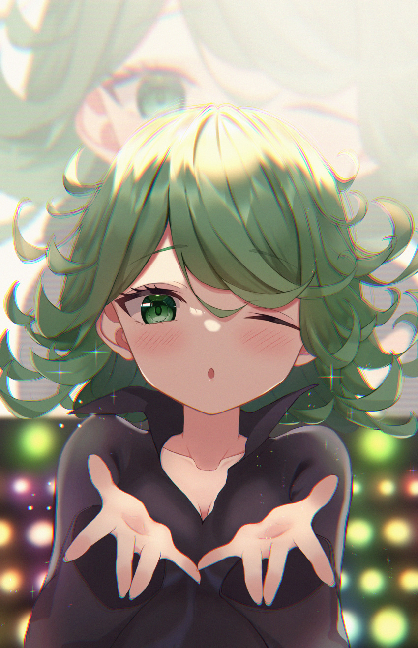1girl :o ;o absurdres bangs bitseon black_dress blurry blurry_background blush breasts collarbone curly_hair dress eyebrows_visible_through_hair green_eyes green_hair highres huge_filesize long_sleeves looking_at_viewer medium_breasts multiple_views one-punch_man one_eye_closed open_hands open_mouth shiny shiny_hair short_hair sparkle tatsumaki uma_pyoi_densetsu upper_body
