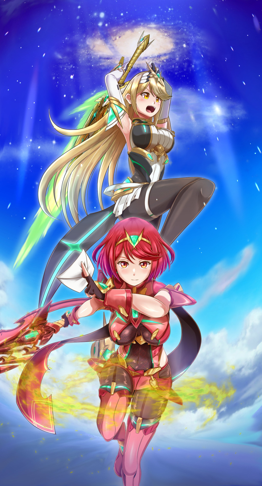 2girls absurdres bangs bare_shoulders black_legwear blonde_hair breasts chest_jewel dress earrings gem gloves headpiece highres jewelry large_breasts long_hair looking_at_viewer multiple_girls mythra_(massive_melee)_(xenoblade) mythra_(xenoblade) pantyhose pyra_(xenoblade) samu_poteto super_smash_bros. swept_bangs tiara very_long_hair white_dress white_gloves xenoblade_chronicles_(series) xenoblade_chronicles_2 yellow_eyes