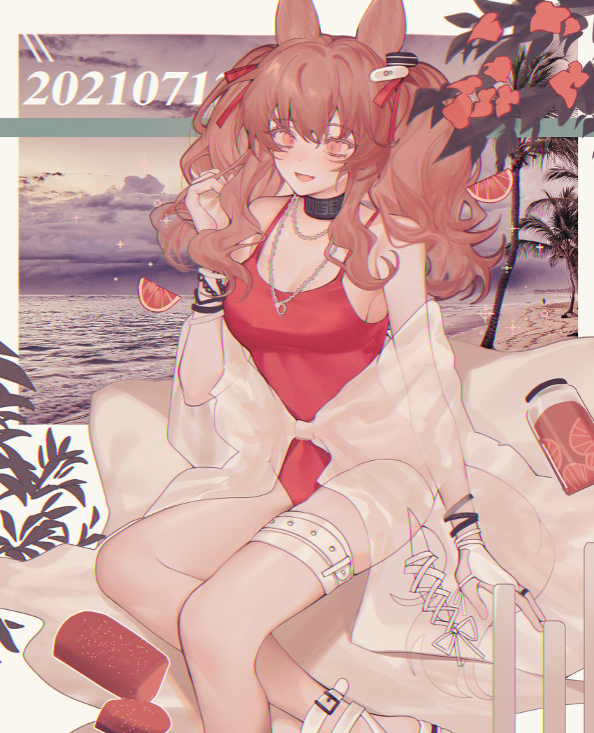 1girl :d angelina_(arknights) angelina_(summer_flowers)_(arknights) animal_ears arknights beach belt black_choker bracelet breasts brown_eyes brown_hair choker coconut_tree cym23730 dated earpiece fang foot_out_of_frame fox_ears fox_girl highres jewelry loaf_of_bread long_hair medium_breasts necklace official_alternate_costume one-piece_swimsuit open_mouth outdoors palm_tree red_swimsuit sandals see-through sitting skin_fang smile solo swimsuit thigh_strap thighs tree twintails white_background white_belt white_footwear