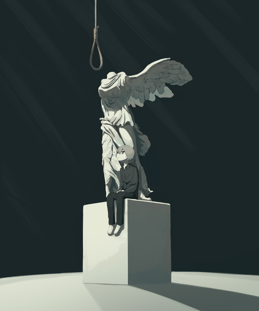 1boy absurdres avogado6 barefoot black_pants black_shirt commentary_request grey_hair highres long_sleeves noose original pants shirt sitting solo statue wide_shot winged_victory_of_samothrace