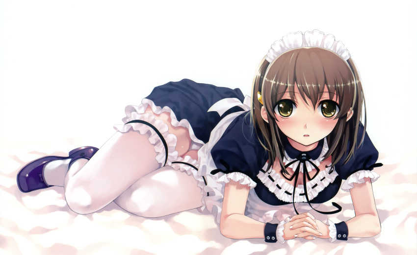 absurdres apron bangs bed blush breasts brown_hair cleavage cleavage_cutout detached_collar down_blouse dress embarrassed frills garters hair_ornament hairclip hands_clasped highres legs looking_at_viewer lying maid maid_headdress misaki_kurehito official_art on_side open_mouth panties pantyshot pantyshot_(lying) ribbon sash scan shiny shiny_hair shoes short_dress short_hair solo suiheisen_made_nan_mile? surprised thigh-highs thighhighs tsuyazaki_kokage underwear white_legwear white_panties white_thighhighs wrist_cuffs yellow_eyes