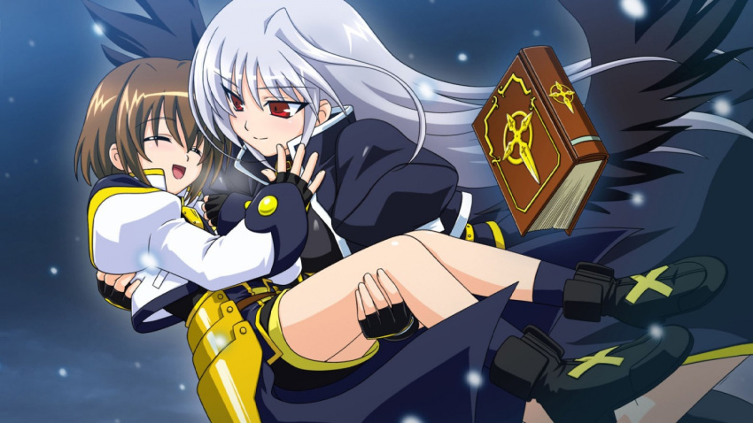 book brown_hair carrying closed_eyes fingerless_gloves gloves long_hair mahou_shoujo_lyrical_nanoha mahou_shoujo_lyrical_nanoha_a's mahou_shoujo_lyrical_nanoha_a's_portable:_the_battle_of_aces mahou_shoujo_lyrical_nanoha_a's mahou_shoujo_lyrical_nanoha_a's_portable:_the_battle_of_aces official_art open_mouth red_eyes reinforce short_hair silver_hair smile tome_of_the_night_sky wings yagami_hayate