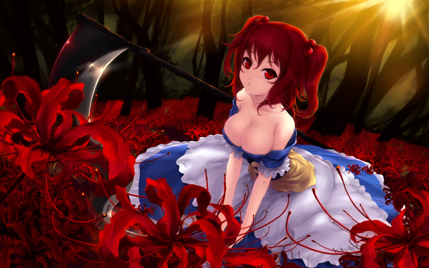 bare_shoulders breasts cait cleavage flower hair_bobbles hair_ornament highres large_breasts off_shoulder onozuka_komachi red_eyes red_hair redhead scythe short_hair solo spider_lily touhou twintails wallpaper widescreen