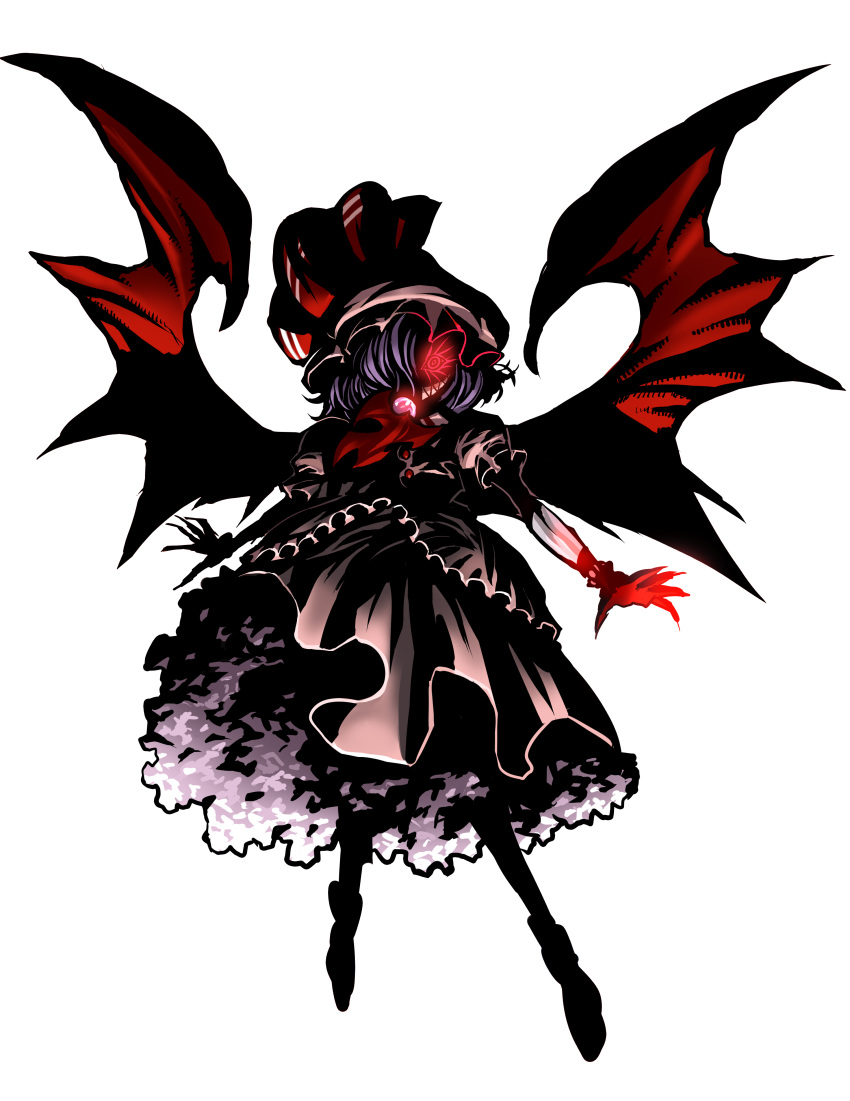 bat_wings crazy_eyes dress fingernails floating glowing glowing_eyes hat highres itagayui long_fingernails purple_hair red_eyes remilia_scarlet sharp_teeth short_hair solo touhou transparent_background warainaku wings