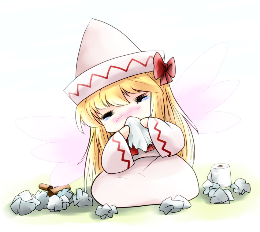 =_= blush chibi cry hat highres irony lily_white long_hair ribbon solo tears toilet_paper touhou wings yume_shokunin