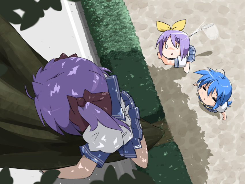 =_= ahoge blue_hair bow butterfly_net foreshortening from_above hair_bow hair_ribbon hand_net hiiragi_kagami hiiragi_tsukasa izumi_konata kawaisou long_hair lucky_star mole o_o panties perspective purple_hair ribbon school_uniform shade short_hair skirt tree twintails underwear