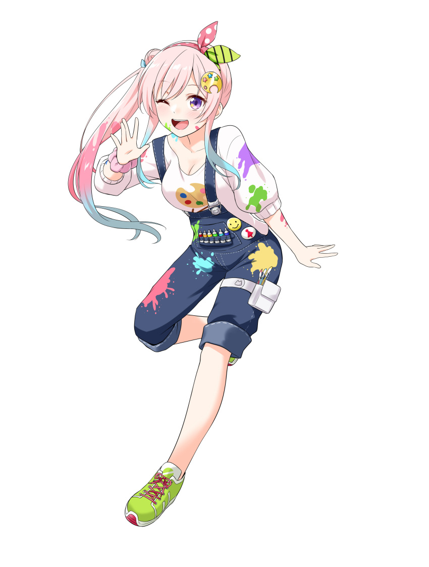 1girl ;d absurdres airani_iofifteen bangs blue_hair felutiahime gradient_hair hair_ornament highres hololive long_hair long_sleeves looking_at_viewer multicolored_hair one_eye_closed open_mouth overalls paint_on_face paint_splatter palette palette_hair_ornament pink_hair shoes side_bun side_ponytail smile sneakers solo standing standing_on_one_leg star_(symbol) star_in_eye swept_bangs symbol_in_eye upper_teeth violet_eyes virtual_youtuber