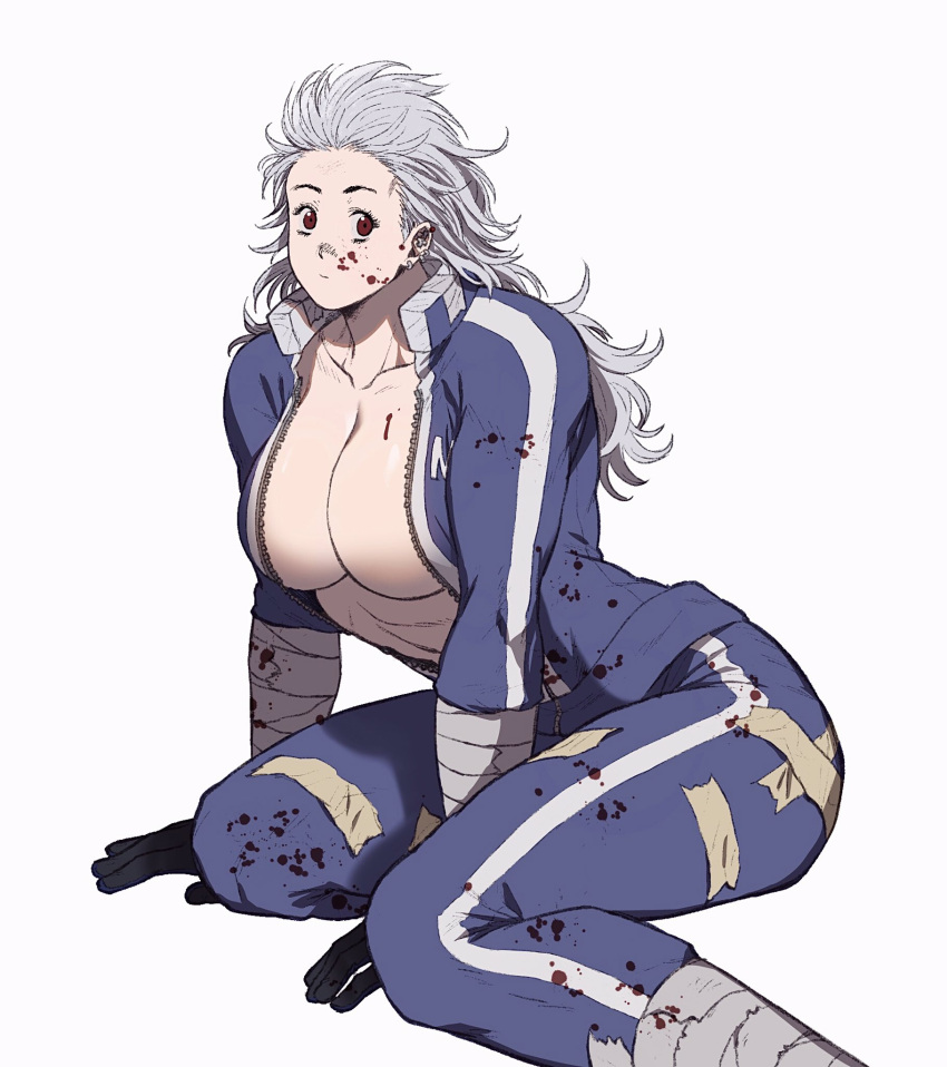1girl black_gloves blood blood_on_breasts blood_on_face bloody_clothes blue_pants breasts closed_mouth collarbone commentary_request dorohedoro ear_piercing gloves grey_hair highres jacket large_breasts long_hair looking_at_viewer no_bra noi_(dorohedoro) open_clothes open_jacket pants piercing red_eyes simple_background solo track_jacket track_pants track_suit uei_(uei73661268) white_background