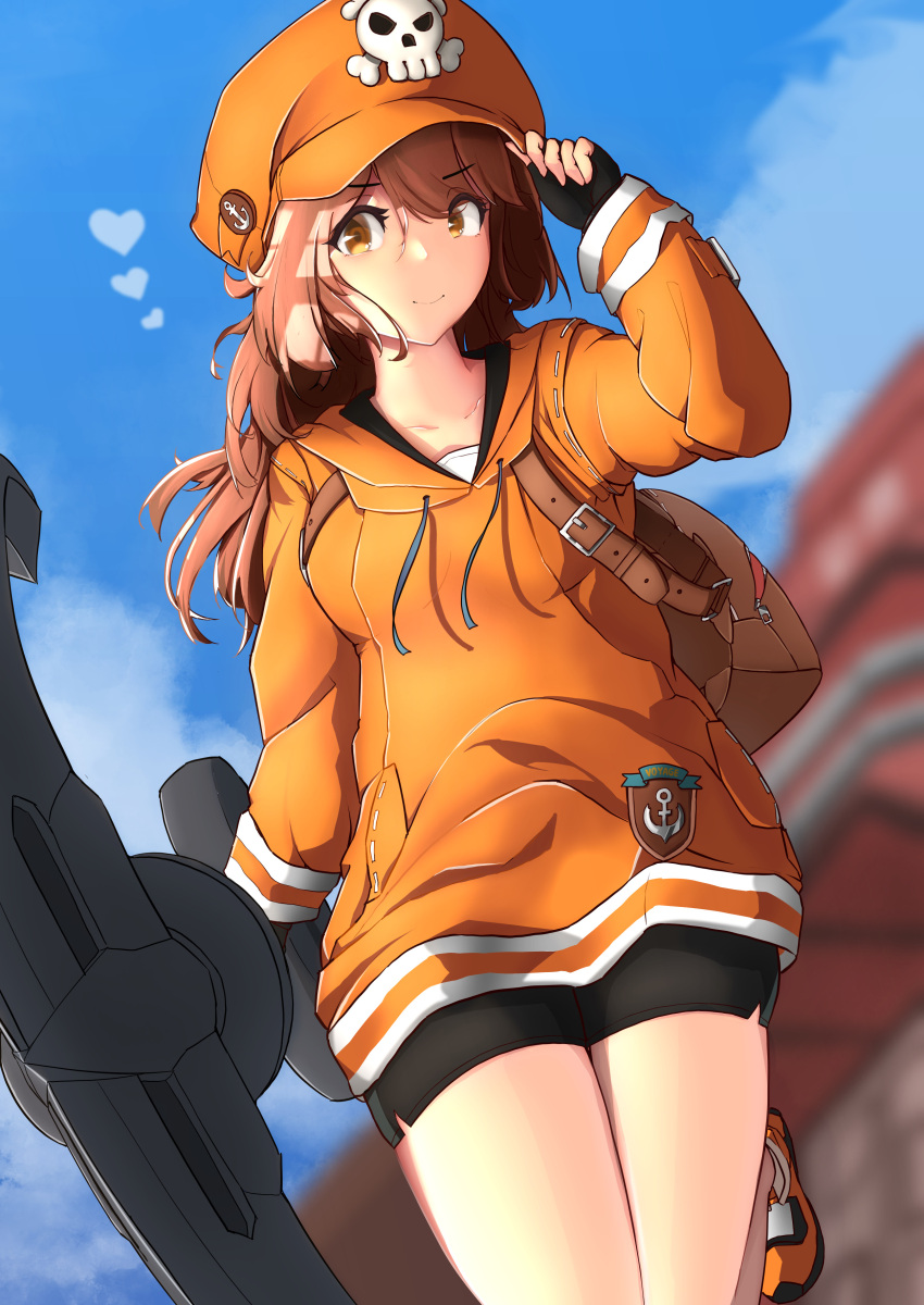 1girl absurdres alterkyon anchor anchor_symbol backpack bag black_gloves black_shorts blurry blurry_background breasts brown_eyes day dolphin_shorts fingerless_gloves flat_chest gloves guilty_gear guilty_gear_strive hat heart highres holding holding_weapon hood hoodie huge_weapon long_hair looking_at_viewer may_(guilty_gear) orange_footwear orange_headwear orange_hoodie pirate_hat shoes shorts skull_and_crossbones sneakers solo weapon