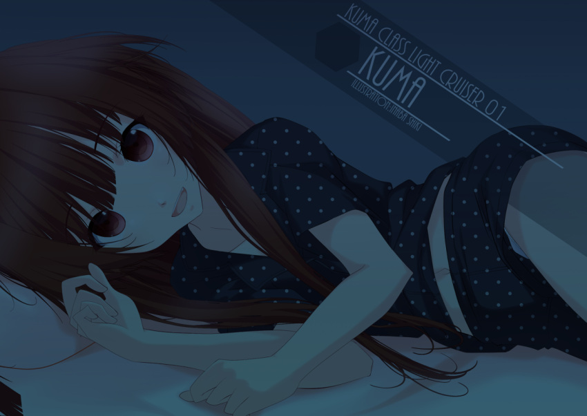 1girl adapted_costume ahoge artist_name black_blouse black_shorts blouse brown_eyes brown_hair character_name commentary_request cowboy_shot dark huge_ahoge inaba_shiki kantai_collection kuma_(kancolle) long_hair looking_at_viewer lying on_side one-hour_drawing_challenge polka_dot polka_dot_blouse polka_dot_shorts shorts sleepwear solo