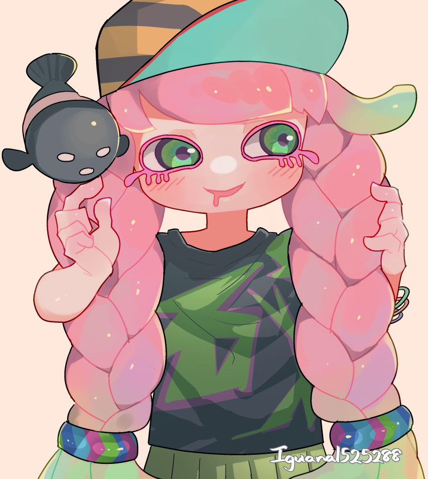 1girl absurdres alternate_hairstyle bracelet braid clownfish colored_eyelashes green_eyes green_hair harmony's_clownfish_(splatoon) harmony_(splatoon) hat highres iguana1525881 jewelry multicolored_eyes multicolored_hair pink_hair shirt skirt splatoon_(series) splatoon_1 splatoon_3 tentacle_hair twin_braids twintails two-tone_hair violet_eyes yellow_skirt