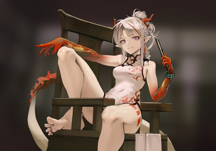 1girl arknights bangs bare_arms bare_legs barefoot blurry blurry_background bracelet breasts chair china_dress chinese_clothes closed_mouth colored_skin commentary covered_navel dragon_horns dragon_tail dress eyeshadow fan feet folding_fan gradient_skin hair_bun highres holding holding_fan horns jewelry knee_up long_hair looking_at_viewer makeup medium_breasts mone_(user_aege8533) multicolored_hair nian_(arknights) nian_(unfettered_freedom)_(arknights) official_alternate_costume pointy_ears red_eyeshadow red_horns red_skin redhead sitting sleeveless sleeveless_dress smile solo streaked_hair tail toes violet_eyes white_dress white_hair wooden_chair