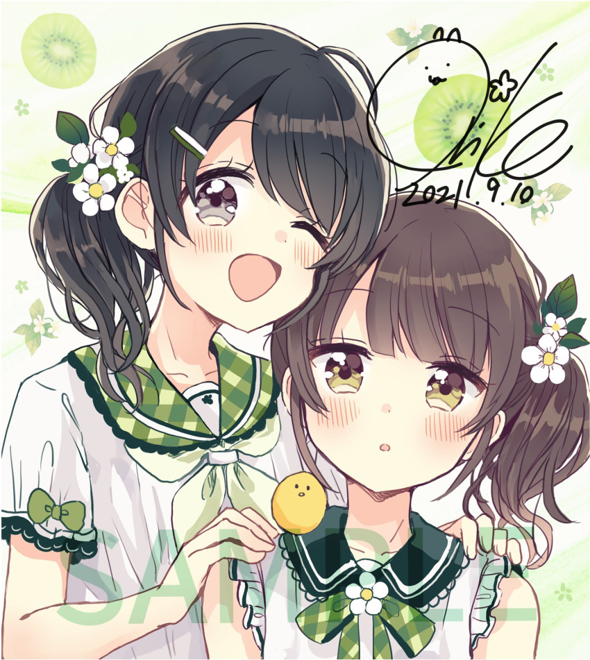2girls ;d bangs black_hair blush bow brown_eyes brown_hair collared_dress commentary_request dated dress eyebrows_visible_through_hair flower green_bow green_sailor_collar grey_eyes hair_flower hair_ornament hairclip hands_on_another's_shoulders highres looking_at_viewer multiple_girls one_eye_closed open_mouth original plaid plaid_bow plaid_sailor_collar sailor_collar sailor_dress sakura_oriko sample short_sleeves signature sleeveless sleeveless_dress smile upper_body white_dress white_flower