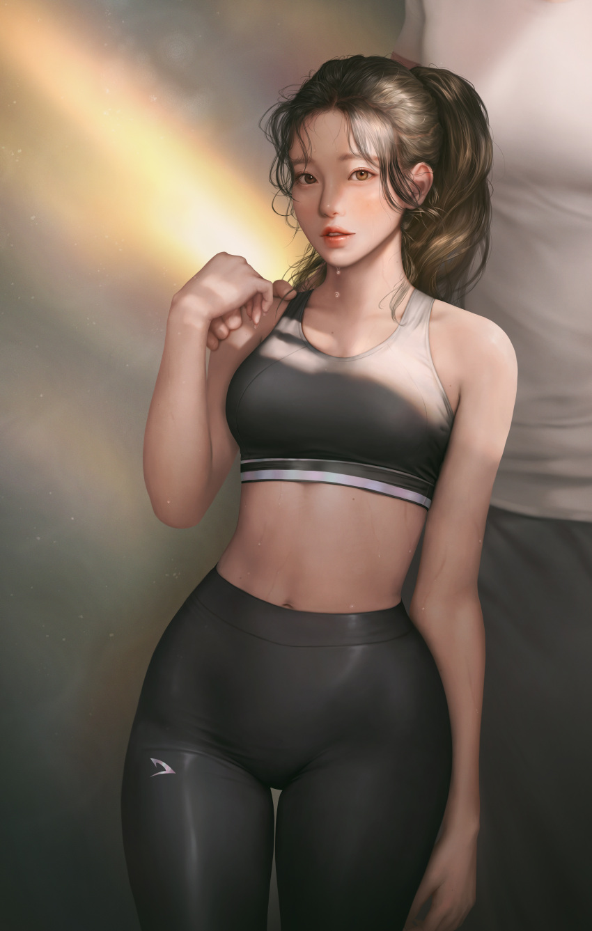 1girl abs absurdres bare_shoulders black_pants blush hand_on_another's_shoulder highres huge_filesize jagercoke looking_at_viewer midriff navel original pants ponytail sports_bra sportswear sweat sweatdrop thick_thighs thighs yoga_pants