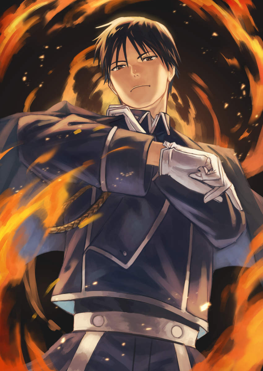 1boy absurdres adjusting_clothes aiguillette amestris_military_uniform backlighting black_eyes black_hair blue_jacket blue_pants closed_eyes clothes_grab collared_jacket dark_background darkness expressionless fire flame fullmetal_alchemist gloves hands_up hara_kenshi head_tilt highres jacket looking_at_viewer male_focus military military_uniform motion_blur pants roy_mustang snapping_fingers sparks spiky_hair tsurime uniform upper_body white_gloves