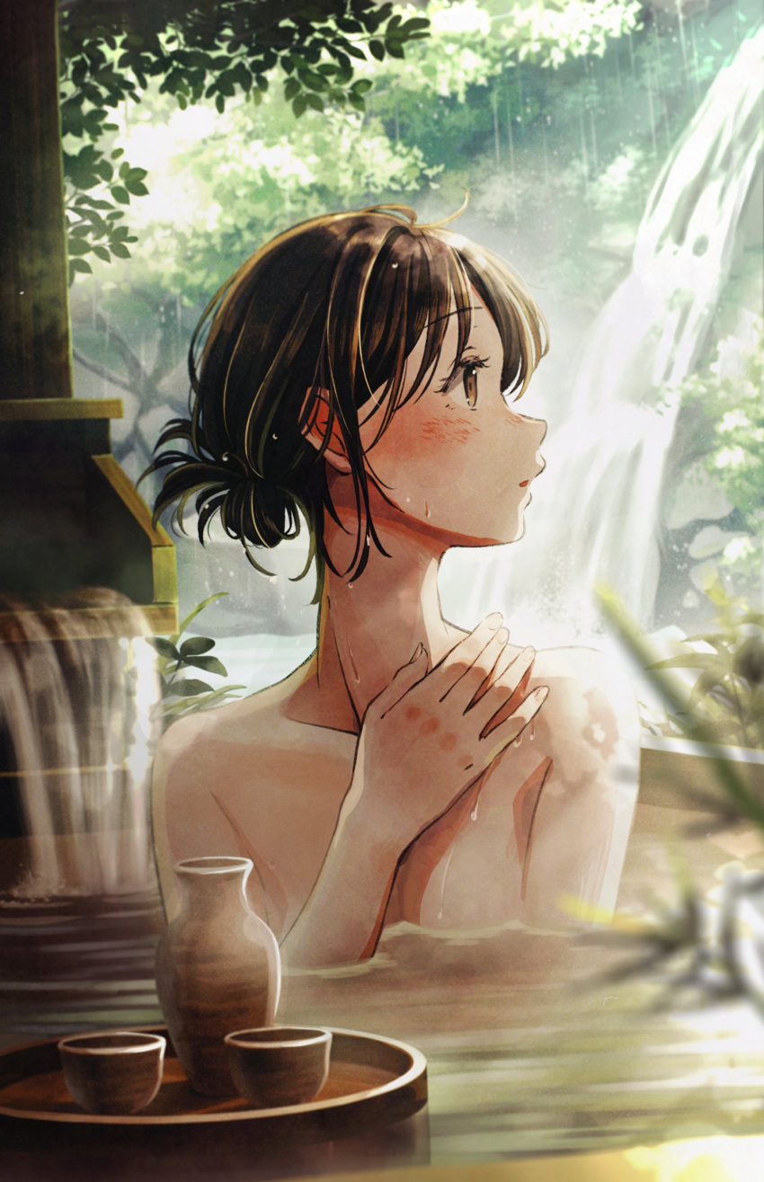 1girl bathing blurry blurry_foreground brown_eyes brown_hair choko_(cup) cup hand_on_own_chest hand_up highres looking_away onsen original parted_lips partially_submerged rain solo tokkuri tree tsujin_bohboh water wet wet_hair